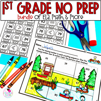 Preview of No Prep Math Phonics Grammar Worksheets 1st Grade Yearlong Bundle