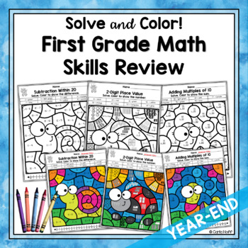 Preview of 1st Grade Math Skills Year-End Review - Facts, Place Value, Time - Color by Code