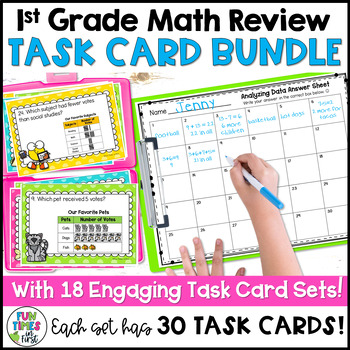 Preview of First Grade Math Review Task Cards Bundle - Math Scoot Games Print and Digital