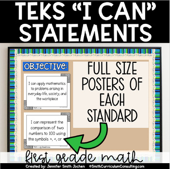 Preview of 1st Grade Math TEKS I Can Statements - Objective Posters - Black and White
