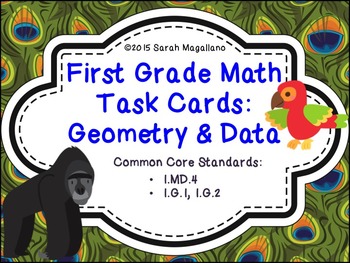 Preview of First Grade Math Task Cards (Jungle Theme): Geometry & Data Analysis