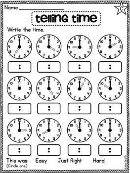 first grade math unit 15 telling time to the hour and half hour activities