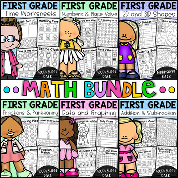 Preview of First Grade Math Worksheet Bundle - Addition, Shapes, Place Value & More!