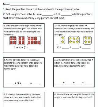 Preview of First Grade Math Worksheet Using CC I can statements For 1.OA.2