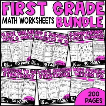 Preview of Addition and Subtraction, Place Value, Word Problems First Grade Math Worksheets