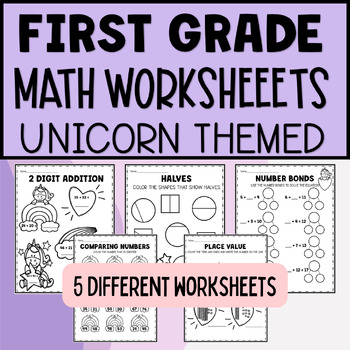 Preview of First Grade Math Worksheets - Unicorn Themed
