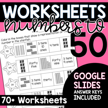 Preview of First Grade Math Worksheets for Numbers to 50 | Google Slides