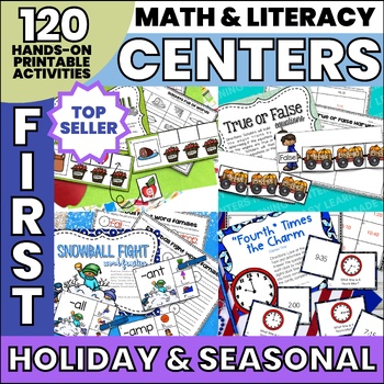 Preview of First Grade Math Centers and Literacy Centers Hands On Activities with Holidays