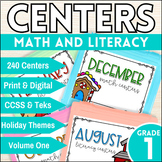 First Grade Math and Literacy Centers w/ Holidays Hands-on