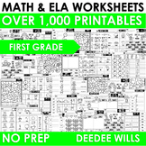 First Grade Math and Literacy Printable Worksheets | Bundle