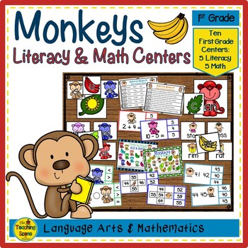 Preview of First Grade Monkeys Themed Literacy & Math Centers & Activities