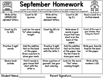 first grade homework choice board