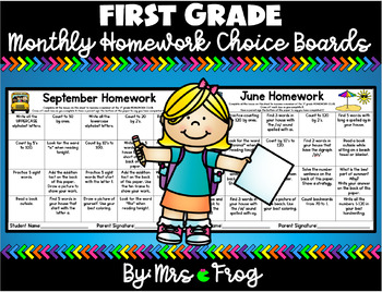 Preview of First Grade Monthly Homework Choice Board