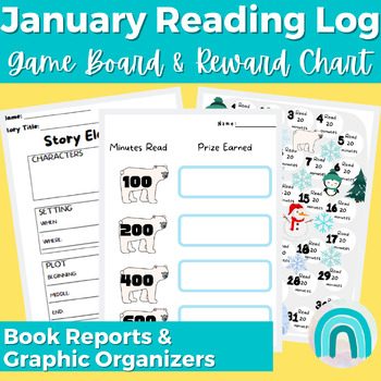 Preview of First Grade Monthly Homework January Reading Log Reading Game Board