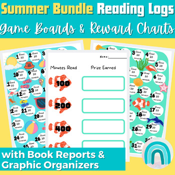 Preview of First Grade Monthly Homework Reading Log Summer Bundle Game Board | Reward Chart