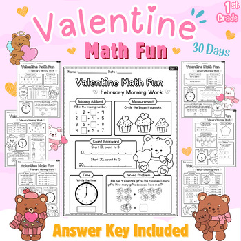 Preview of First Grade Morning Work | Valentine Math | February Math Worksheets Daily Math
