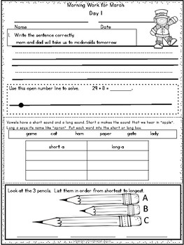 First Grade Morning Work for March by Sharon Strickland | TPT