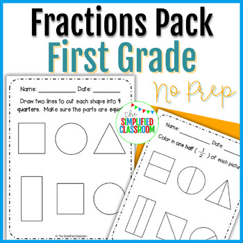 Preview of First Grade NO PREP Fractions Pack Coloring Matching Sorting Math Worksheets