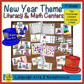 Preview of First Grade New Year Themed Literacy & Math Centers & Activities