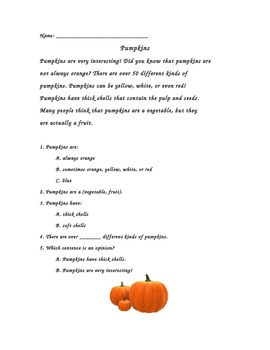 Preview of First Grade Nonfiction Cold Read- Pumpkins -CCSS aligned