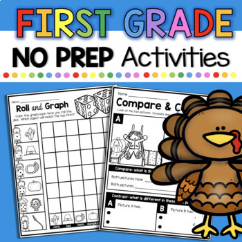 Preview of First Grade November Worksheets Math Reading Centers Thanksgiving Fall 1st