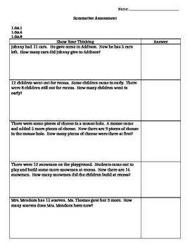 Preview of First Grade O.A. Math Assessment (editable and Common Core aligned!)