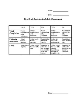 Preview of First Grade Participation Rubric