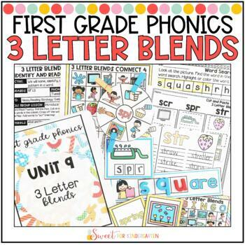 Preview of First Grade Phonics 3 Letter Blends Unit | shr squ scr spl spr str thr