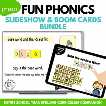 Preview of First Grade Phonics Slideshow Lesson and BOOM Card Center BUNDLE