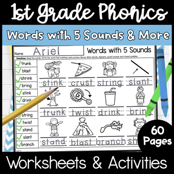 Preview of First Grade Phonics Unit 10 Words with 5 Sounds, Vowel Teams and Suffixes