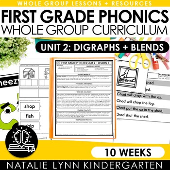 Preview of First Grade Phonics Unit 2 DIGRAPHS + BLENDS | Lessons, Worksheets, Decodables
