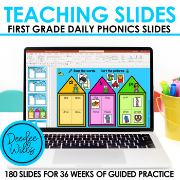 Preview of Phonics Teaching Slides for First Grade  No Prep Teacher Slides for the Year!