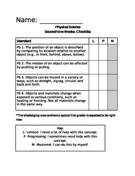 Preview of First Grade Physical Science Rubric Checklist