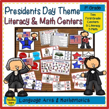 Preview of First Grade Presidents Day Themed Literacy & Math Centers & Activities