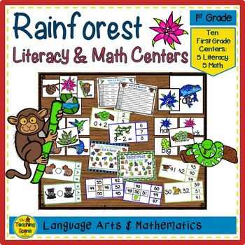 Preview of First Grade Rainforest Themed Literacy & Math Centers & Activities