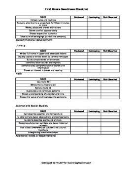 Preview of First Grade Readiness Checklist