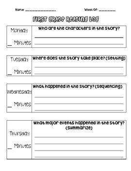 Preview of First Grade Reading Log