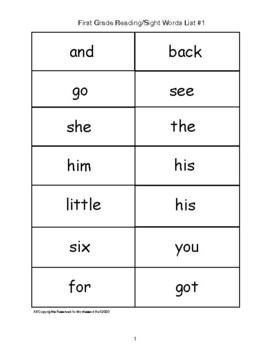 Preview of First Grade Reading/Sight Words List # 1