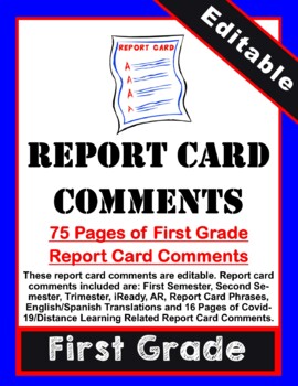 Preview of First Grade Report Card Comments (Editable)