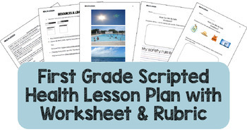 Preview of First Grade Scripted Health Lesson Plan Activity with Worksheet & Rubric
