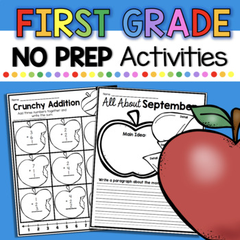 Preview of First Grade September Worksheets Math and Reading Centers Back to School Apples