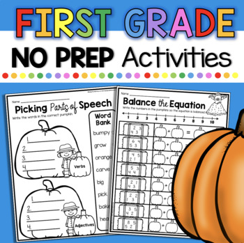 Preview of First Grade October Worksheets Math and Reading Centers Pumpkins Halloween Fall
