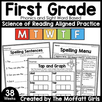 Preview of 1st Grade Spelling Phonics Worksheets, Sight Words, Heart Words, Test Templates