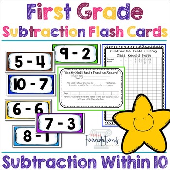Preview of First Grade Subtraction Flash Cards- Subtract within 10- Math Fact Fluency