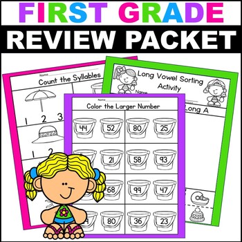Preview of First Grade Summer Review Packet Math and Phonics Worksheets