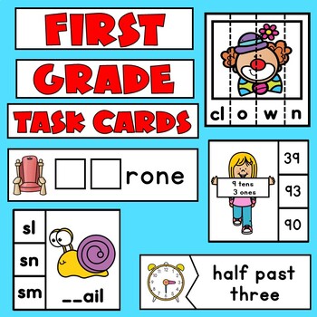 Preview of First Grade Task Cards Combo | Math and Literacy