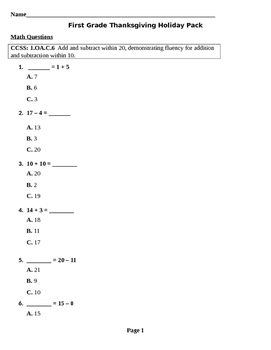 Preview of First Grade Thanksgiving Holiday Pack for Math