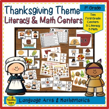 Preview of First Grade Thanksgiving Themed Literacy & Math Centers & Activities