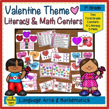 Preview of First Grade Valentine Themed Literacy & Math Centers & Activities