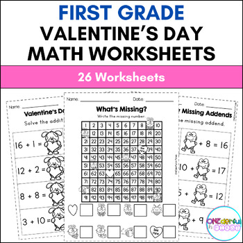 Preview of First Grade Valentine's Day Math Worksheets (26 Worksheets)
